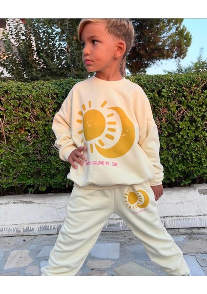 Erkek Çoucuk Ekru Güneş Ay Pamuklu 3 Iplik Fırçalı Kumaş Alt Üst Eşofman Takımı indirimleri