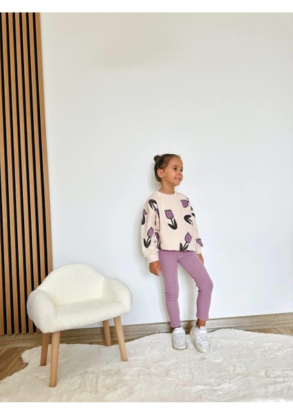Kız Çocuk 3 Iplik Pamuklu Kumaş Lale Desenli Sweatshirt ve Fitillitayt Alt Üst Takım fırsatları