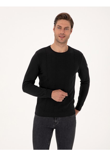 Erkek Siyah Slim Fit Bisiklet Yaka Triko Kazak 50315584-VR046