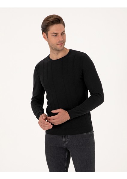 Erkek Siyah Slim Fit Bisiklet Yaka Triko Kazak 50315584-VR046 modelleri