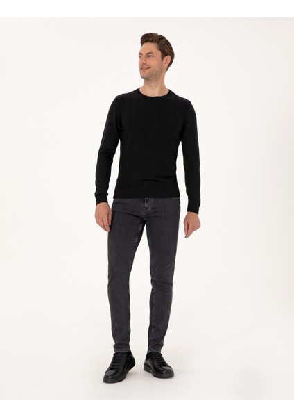 Erkek Siyah Slim Fit Bisiklet Yaka Triko Kazak 50315584-VR046 fırsatları