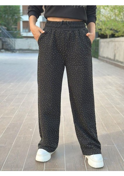 5773 Taşlı Eşofman Altı Siyah