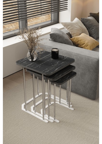 3' Lü Kare Zigon Sehpa Gümüş Ayak Siyah Mermer Desen 18 mm Mdf