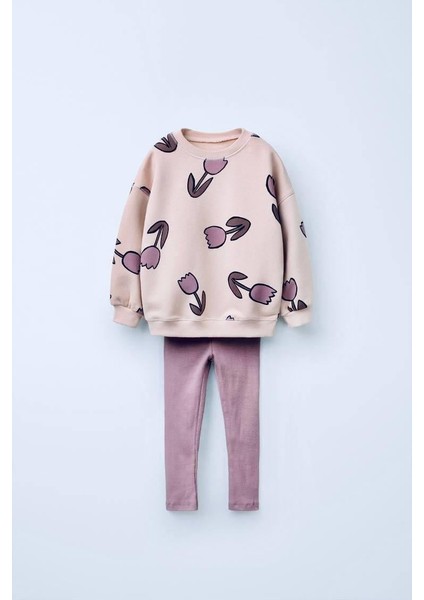 Kız Çocuk 3 Iplik Pamuklu Kumaş Lale Desenli Sweatshirt ve Fitillitayt Alt Üst Takım