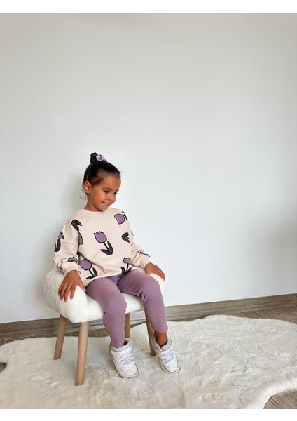Kız Çocuk 3 Iplik Pamuklu Kumaş Lale Desenli Sweatshirt ve Fitillitayt Alt Üst Takım fiyatları