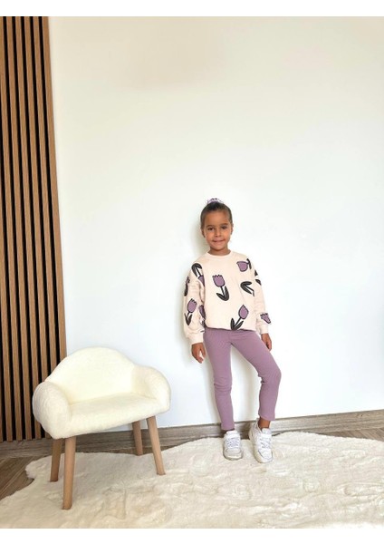Kız Çocuk 3 Iplik Pamuklu Kumaş Lale Desenli Sweatshirt ve Fitillitayt Alt Üst Takım modelleri