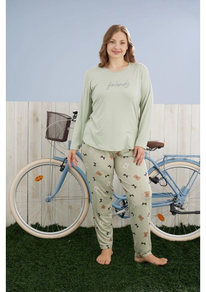 Kadın Büyük Beden Milan Kumaş Bisiklet Yaka Su Yeşili Pijama Takımı - 7666