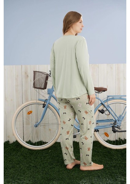 Kadın Büyük Beden Milan Kumaş Bisiklet Yaka Su Yeşili Pijama Takımı - 7666 fiyatları
