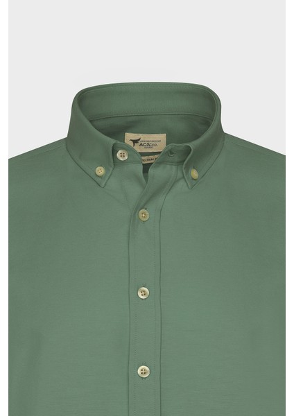 Erkek Haki Slim Fit Dar Kesim Düğmeli Yaka Keten Görünümlü %100 Pamuk Flamlı Gömlek