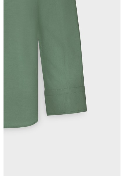 Erkek Haki Slim Fit Dar Kesim Düğmeli Yaka Keten Görünümlü %100 Pamuk Flamlı Gömlek