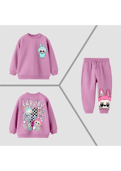 Kız Çocuk Labubu Baskılı 3 Iplik Fırçalı Kumaş Alt Üst Eşofman Takımı