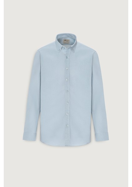 Erkek Açık Mavi Slim Fit Düğmeli Yaka Keten Görünümlü %100 Pamuk Flamlı Gömlek