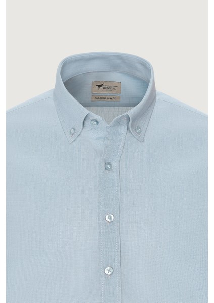 Erkek Açık Mavi Slim Fit Düğmeli Yaka Keten Görünümlü %100 Pamuk Flamlı Gömlek