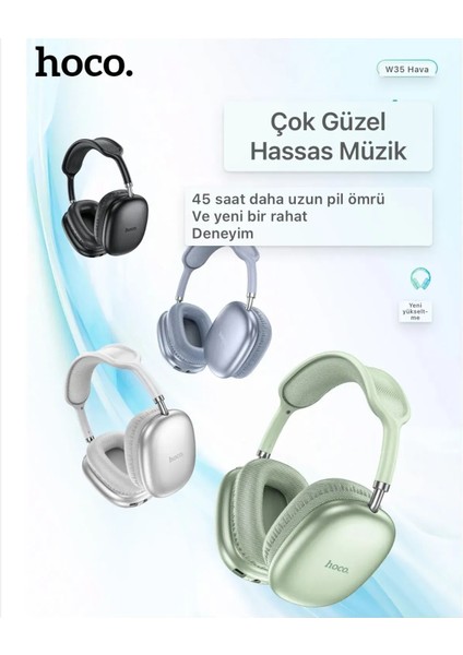W35 Air Kulak Üstü Bluetooth Kulaklık Uzun Pil Ömrü Premium Hafıza Kart ve Aux Girişli modelleri