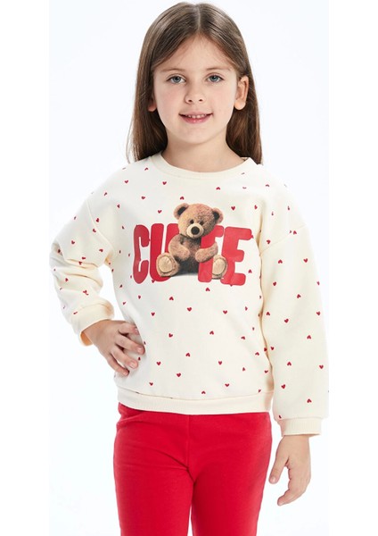 Lcw Kids Ekru Bisiklet Yaka Kalın Baskılı Kız Çocuk Sweatshirt