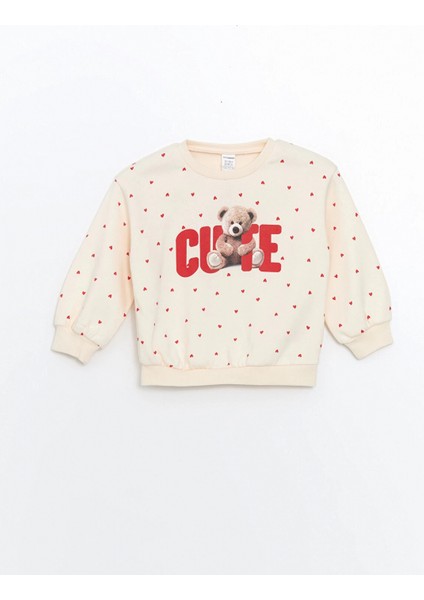Lcw Kids Ekru Bisiklet Yaka Kalın Baskılı Kız Çocuk Sweatshirt modelleri