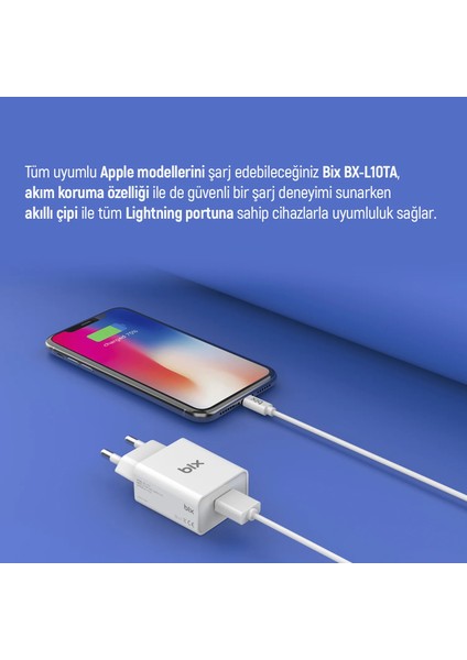 Bix BX-L10TA USB Şarj Cihazı ve Lightning Data Şarj Kablosu
