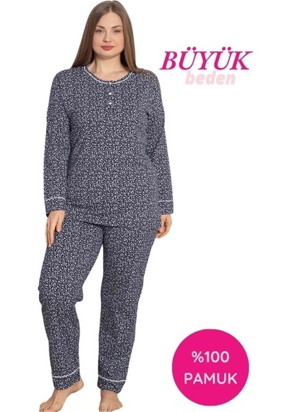 Kadın Bisiklet Yaka Büyük Beden Lacivert Çiçek Desen 3 Düğmeli Mevsimlik Uzun Kol Pijama Takımı