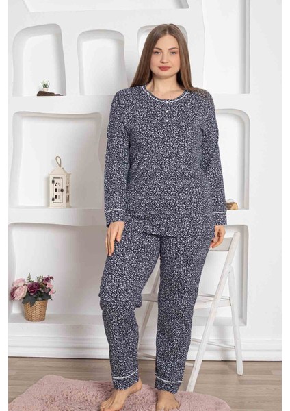Kadın Bisiklet Yaka Büyük Beden Lacivert Çiçek Desen 3 Düğmeli Mevsimlik Uzun Kol Pijama Takımı fiyatları