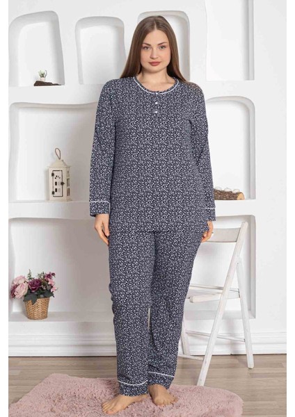 Kadın Bisiklet Yaka Büyük Beden Lacivert Çiçek Desen 3 Düğmeli Mevsimlik Uzun Kol Pijama Takımı fırsatları