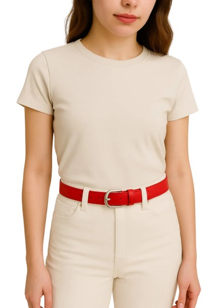 Kadın Kemer Kırmızı Deri Kumaş ve Kot