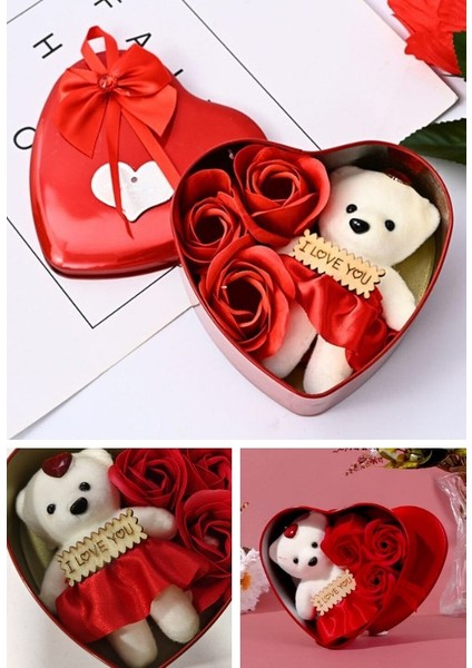 Metal Kalp Kutuda Sevgiliye Hediye Mini Ayıcık ve 3 Yapay Gül Hediye Kutusu