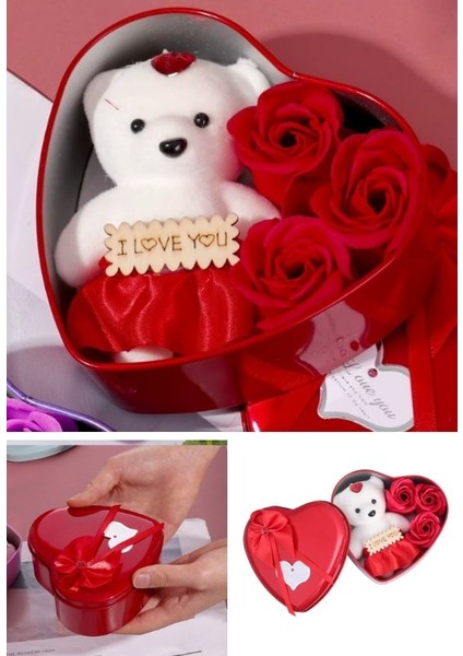 Metal Kalp Kutuda Sevgiliye Hediye Mini Ayıcık ve 3 Yapay Gül Hediye Kutusu fiyatları