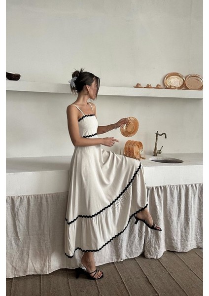 Bej Şerit Detay Keten Elbise S-Bej modelleri