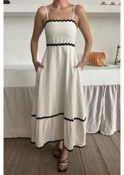 Bej Şerit Detay Keten Elbise S-Bej fırsatları