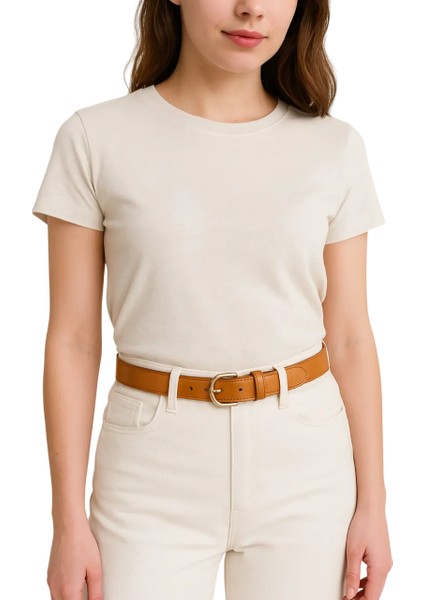 Kadın Kemer Kahverengi Deri Kot ve Kumaş