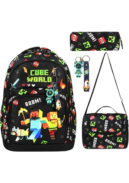 Minecraft Siyah Üçlü Erkek Çocuk İlkokul Okul Çantası Seti Su Geçirmez (Çanta Termal Beslenme Çantası Kalemlik)