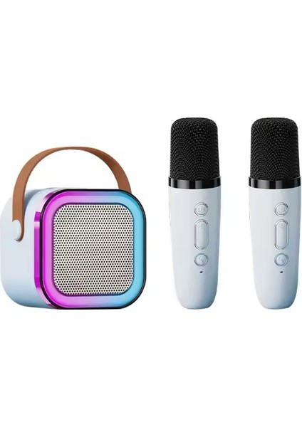 K12 Kablosuz Bluetooth Hoparlör Bej Karaoke 2 Mikrofon Li Ses Efektli Rgb Hd Stereo Ses Usb/sd