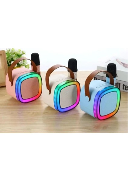 K12 Kablosuz Bluetooth Hoparlör Bej Karaoke 2 Mikrofon Li Ses Efektli Rgb Hd Stereo Ses Usb/sd fiyatları