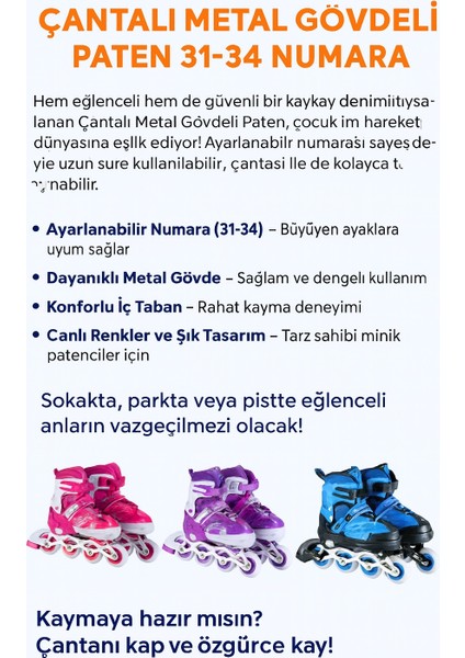 Çantalı Metal Gövdeli Ayarlanabilir Paten 31-34 Numara Çocuk Pateni fiyatları