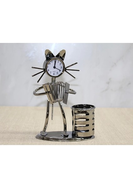 Metal Akordiyon Çalan Müzisyen Kedi Müzisyen Saat ve Kalemlik