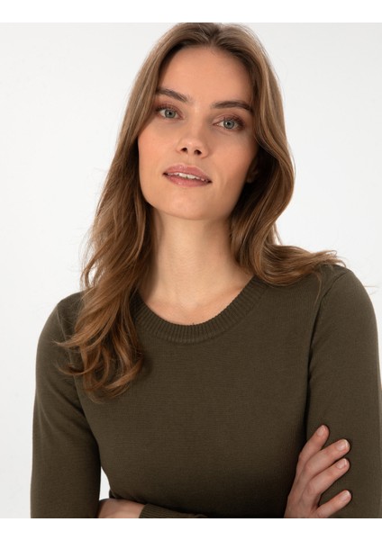 Kadın Haki Slim Fit Basic Kazak 50315758-VR027 fiyatları