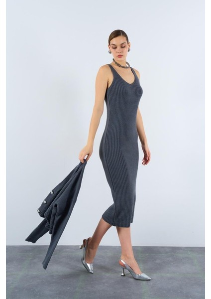 Fitilli Elbise Hırkalı Takım - Füme