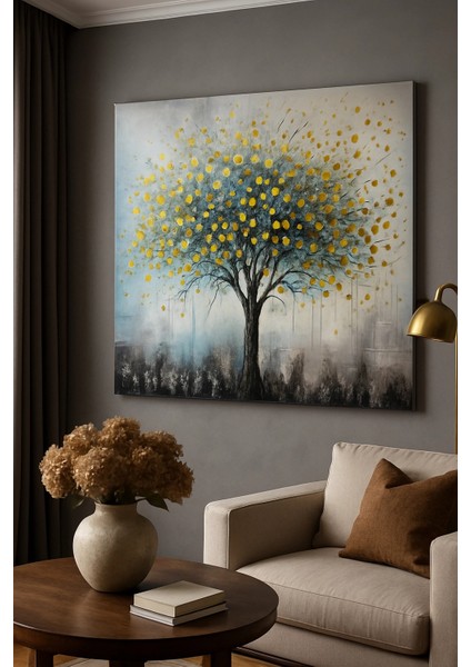 Altın Renkli Dokulu Soyut Ağaç El Yapımı Kanvas Tablo