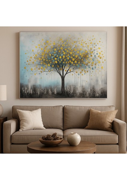 Altın Renkli Dokulu Soyut Ağaç El Yapımı Kanvas Tablo