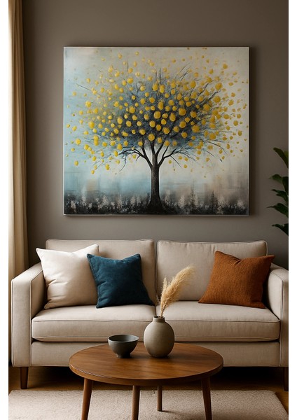 Altın Renkli Dokulu Soyut Ağaç El Yapımı Kanvas Tablo