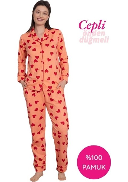 Kadın Kalp Desen Gömlek Yaka %100 Pamuk Mevsimlik Uzun Kol Cepli Pijama Takımı
