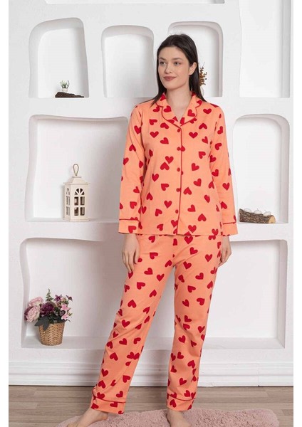 Kadın Kalp Desen Gömlek Yaka %100 Pamuk Mevsimlik Uzun Kol Cepli Pijama Takımı fırsatları