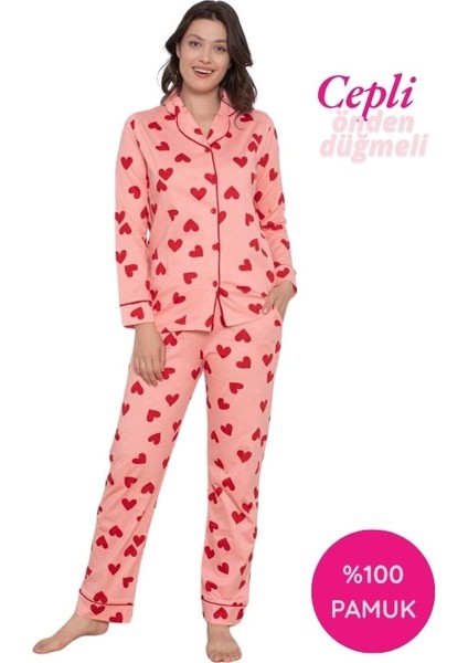 Kadın Kalp Desen Gömlek Yaka %100 Pamuk Mevsimlik Uzun Kol Cepli Pijama Takımı