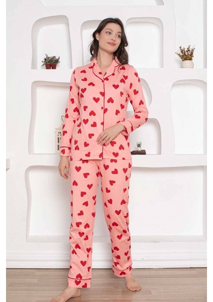 Kadın Kalp Desen Gömlek Yaka %100 Pamuk Mevsimlik Uzun Kol Cepli Pijama Takımı fiyatları