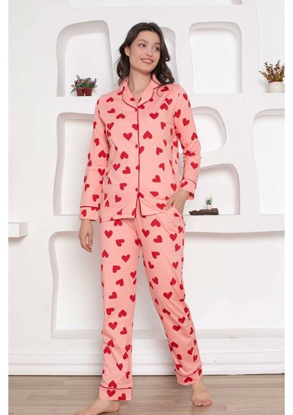 Kadın Kalp Desen Gömlek Yaka %100 Pamuk Mevsimlik Uzun Kol Cepli Pijama Takımı indirimleri