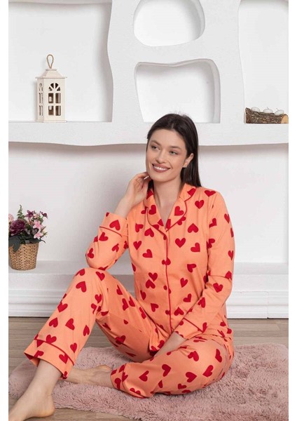 Kadın Kalp Desen Gömlek Yaka %100 Pamuk Mevsimlik Uzun Kol Cepli Pijama Takımı fiyatları