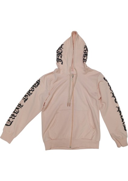 Kız Çocuk Kolları Kapüşonu Yazı Desenli Fermuarlı Kanguru Cepli Pudra Hırka