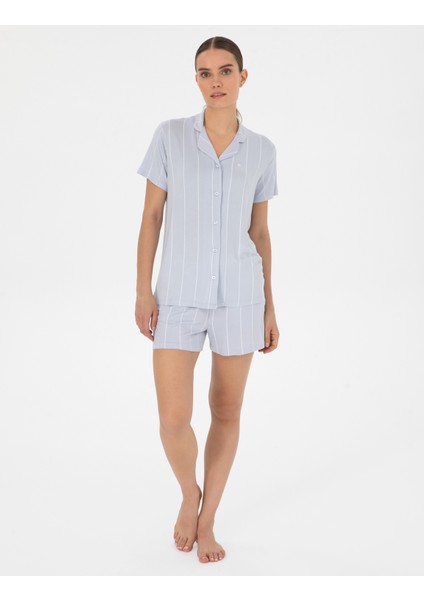 Kadın Mavi Kısakollu Gömlek Pijama Takım 50319054-VR036