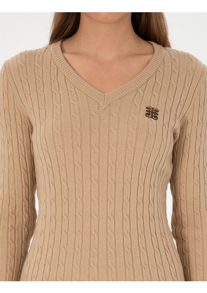 Kadın Bej Melanj Ex. Slim Fit Basic Kazak 50317062-VR156