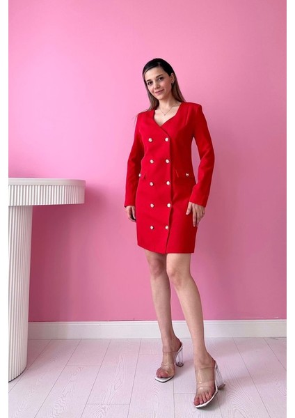 Kırmızı Gold Düğmeli Ceket Elbise indirimleri